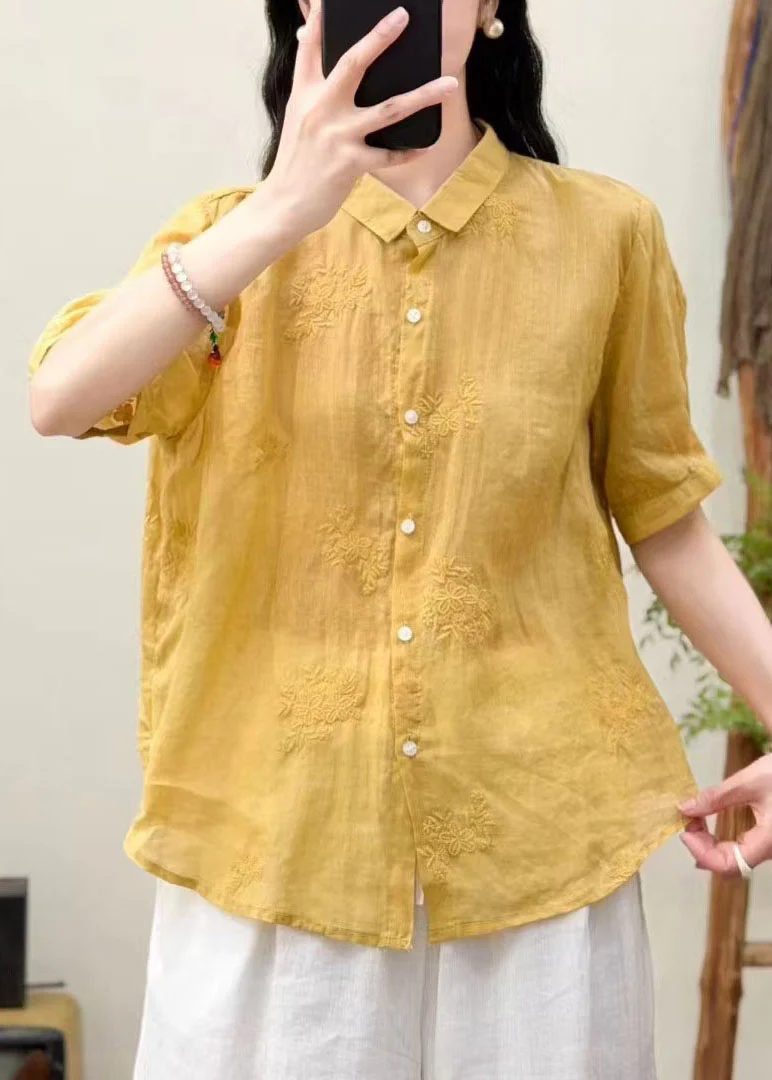 Boutique Yellow Embroidered Linen Loose Shirts Summer - Image 3