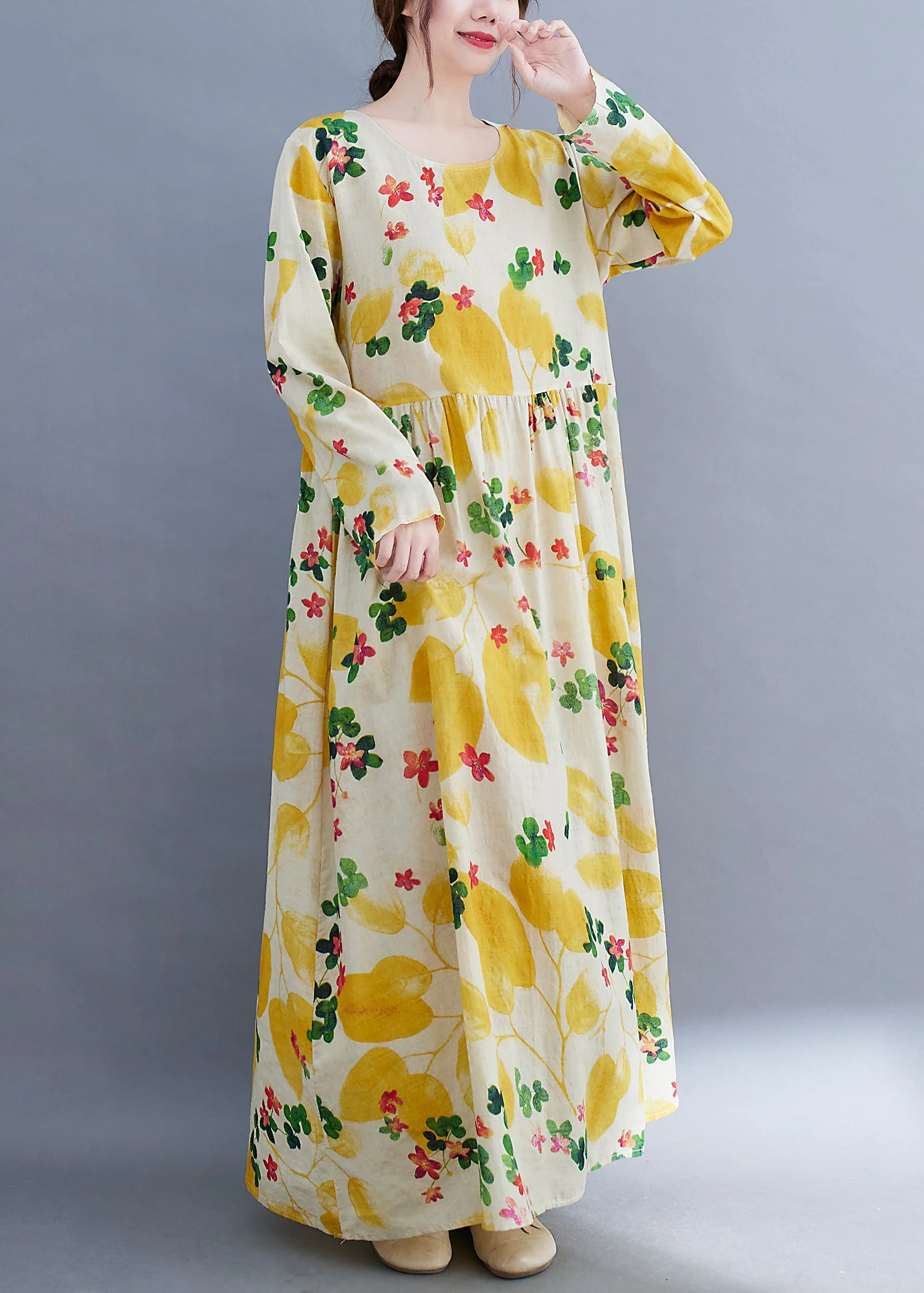 Boutique Yellow Floral O-Neck Cinched pockets Beach Dress Long Sleeve - Image 2