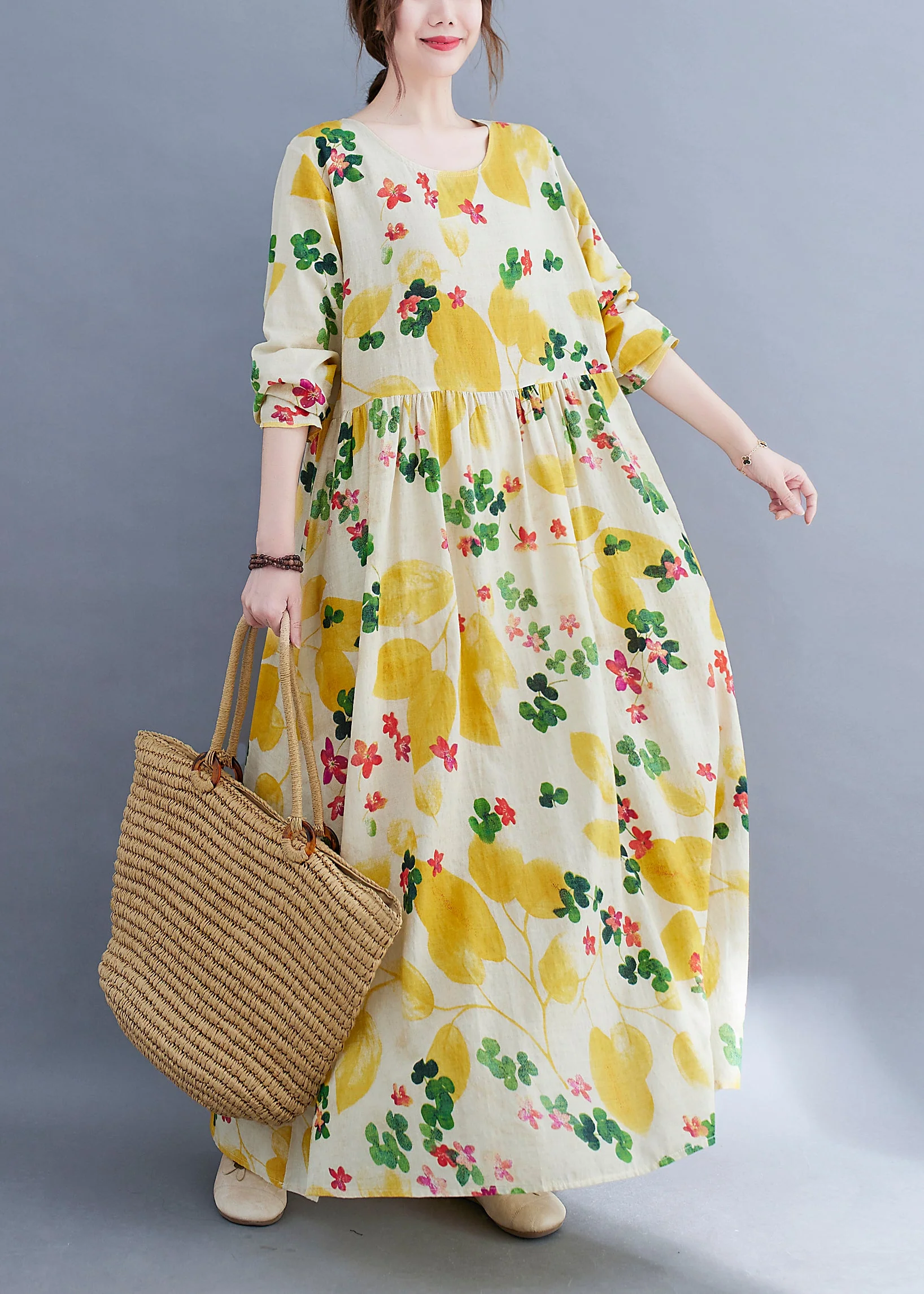 Boutique Yellow Floral O-Neck Cinched pockets Beach Dress Long Sleeve - Image 3