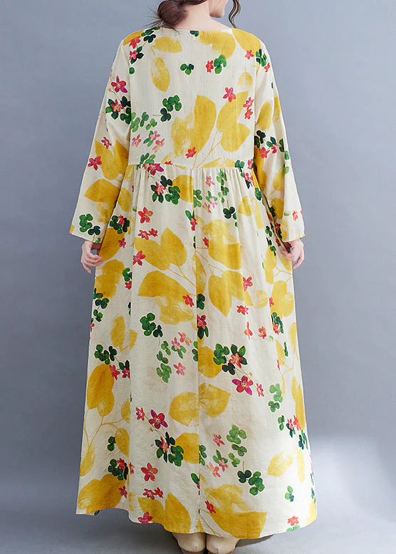 Boutique Yellow Floral O-Neck Cinched pockets Beach Dress Long Sleeve - Image 5
