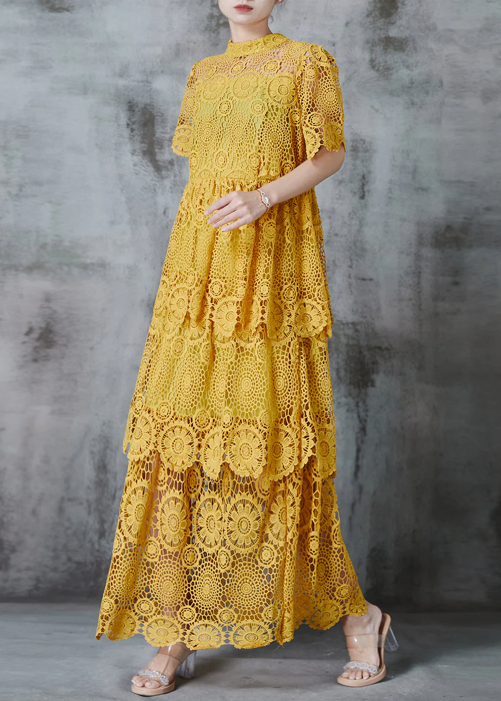 Boutique Yellow Hollow Out Lace Long Dress Summer - Image 2