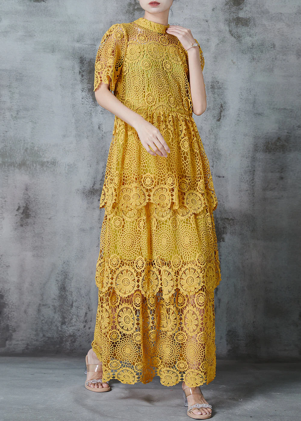 Boutique Yellow Hollow Out Lace Long Dress Summer - Image 3