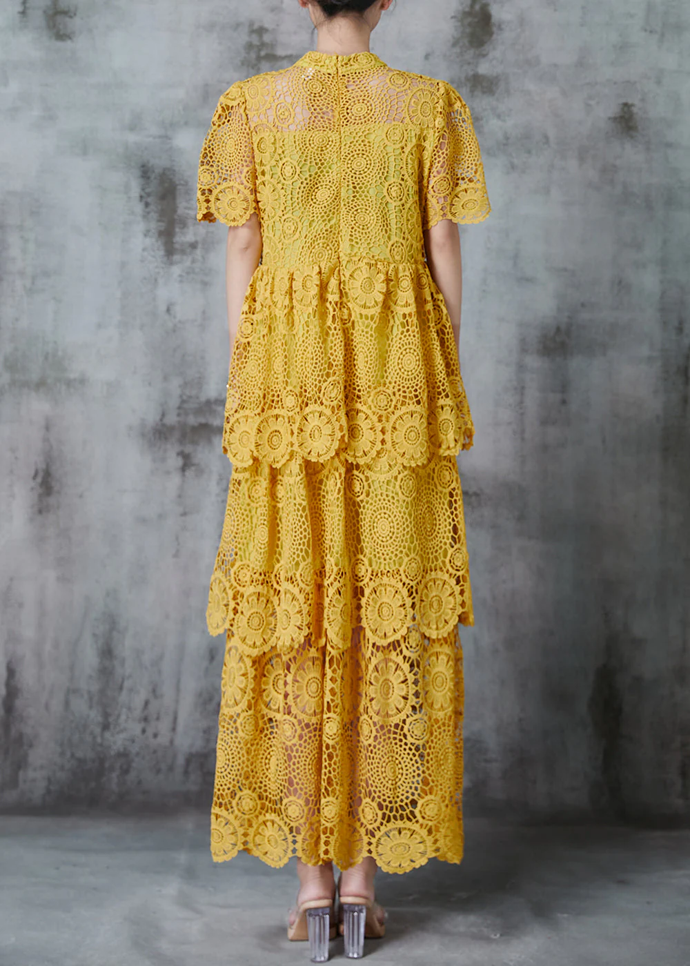 Boutique Yellow Hollow Out Lace Long Dress Summer - Image 4