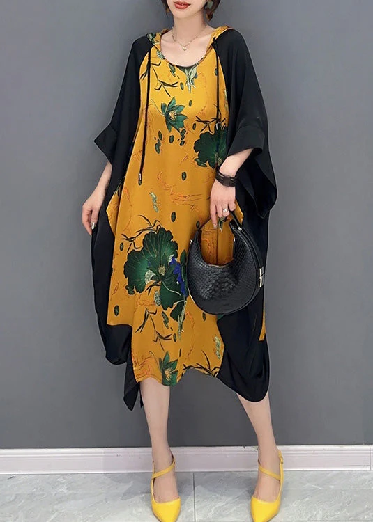 Boutique Yellow Neck Tie Print Party Hooded Long Dress Summer - Image 2