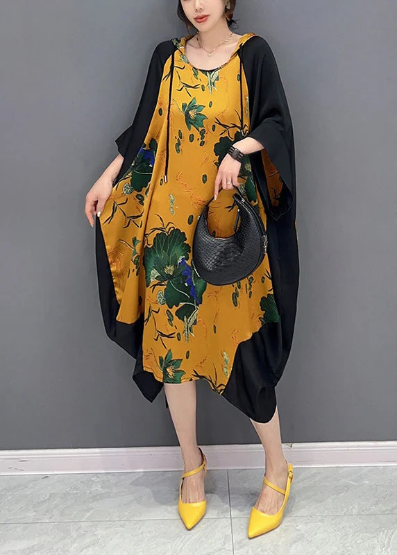 Boutique Yellow Neck Tie Print Party Hooded Long Dress Summer - Image 3