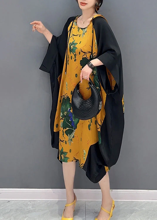 Boutique Yellow Neck Tie Print Party Hooded Long Dress Summer - Image 4