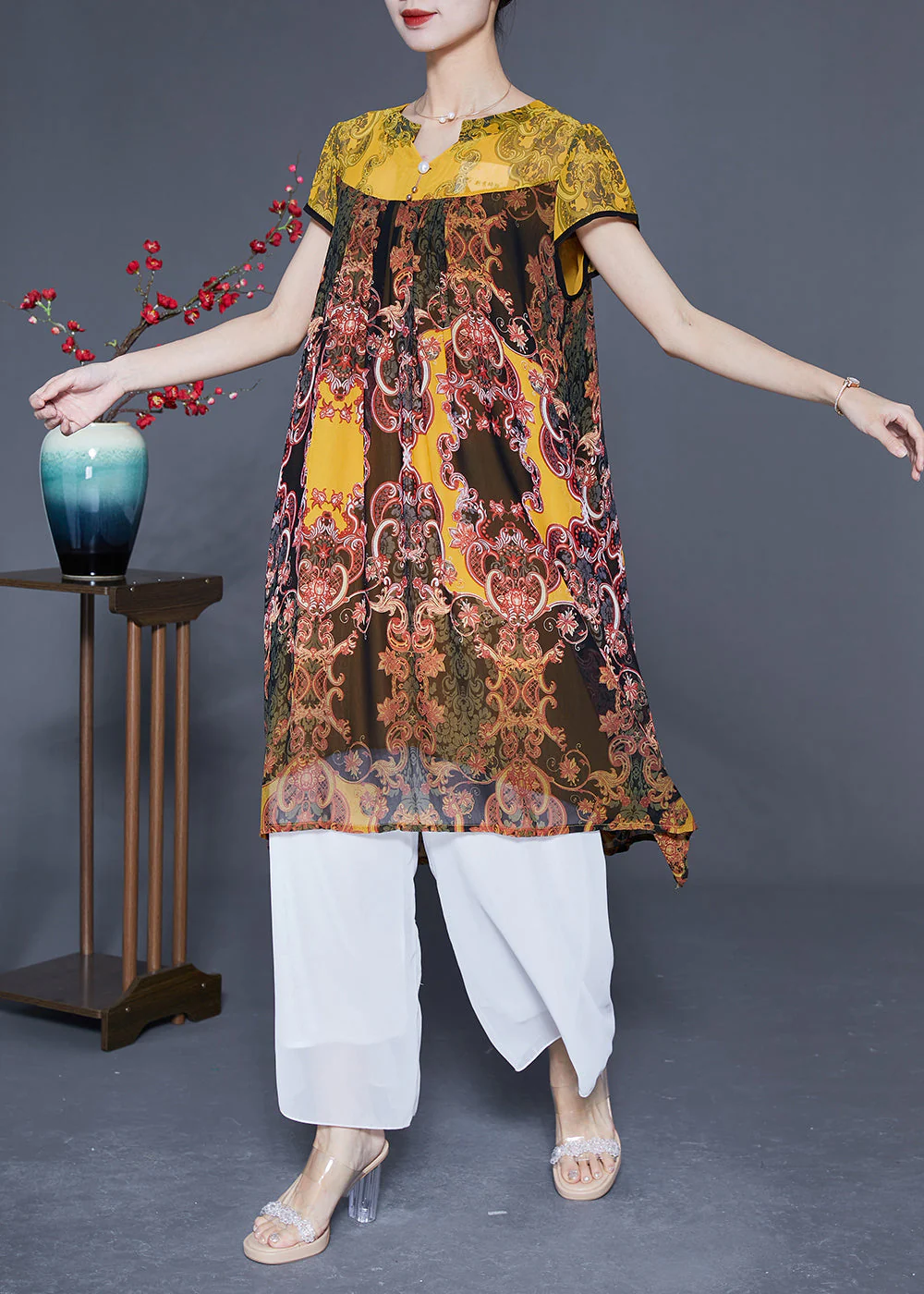 Boutique Yellow Oversized Patchwork Print Chiffon Dress Summer - Image 3