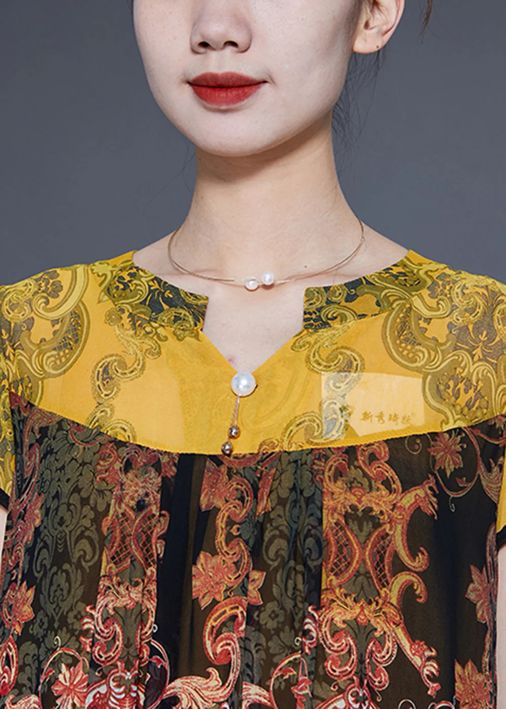Boutique Yellow Oversized Patchwork Print Chiffon Dress Summer - Image 5