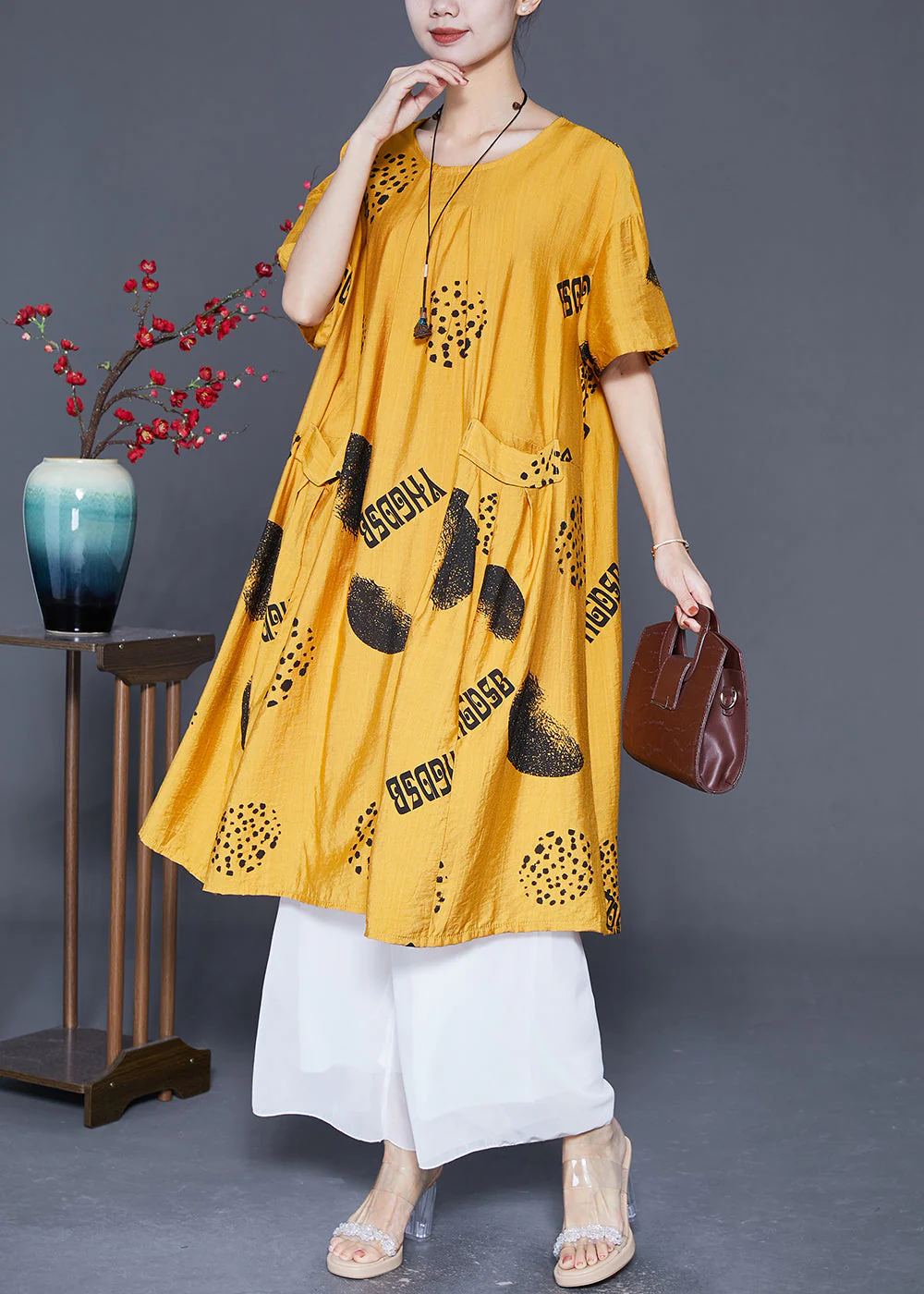 Boutique Yellow Oversized Print Pockets Linen Silk Dresses Summer - Image 2
