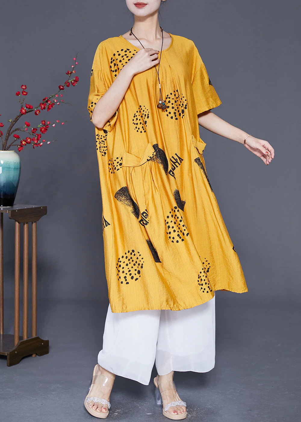 Boutique Yellow Oversized Print Pockets Linen Silk Dresses Summer - Image 3