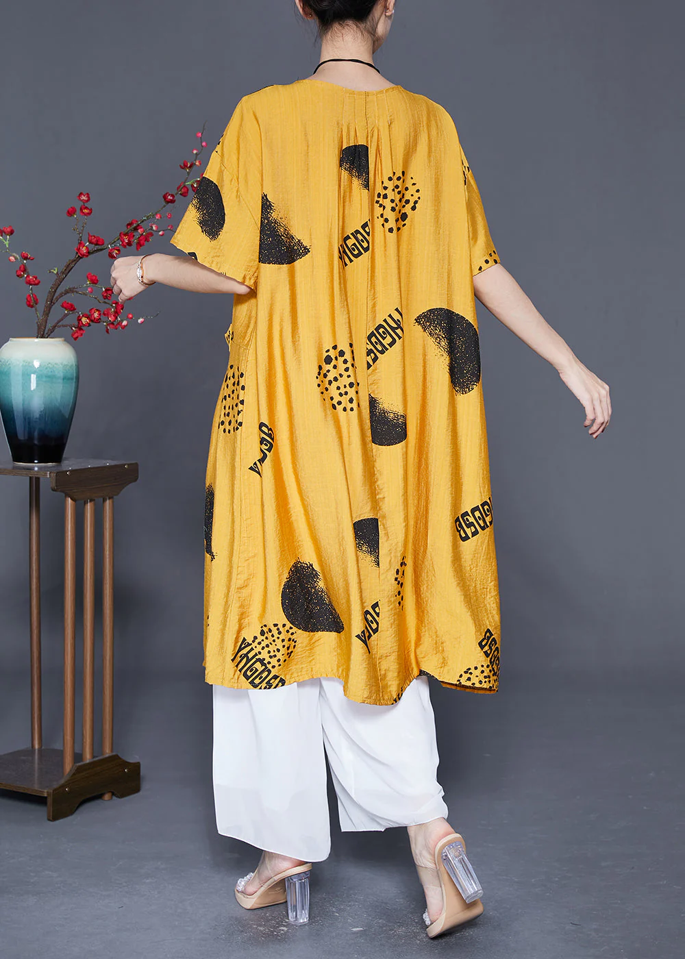 Boutique Yellow Oversized Print Pockets Linen Silk Dresses Summer - Image 4