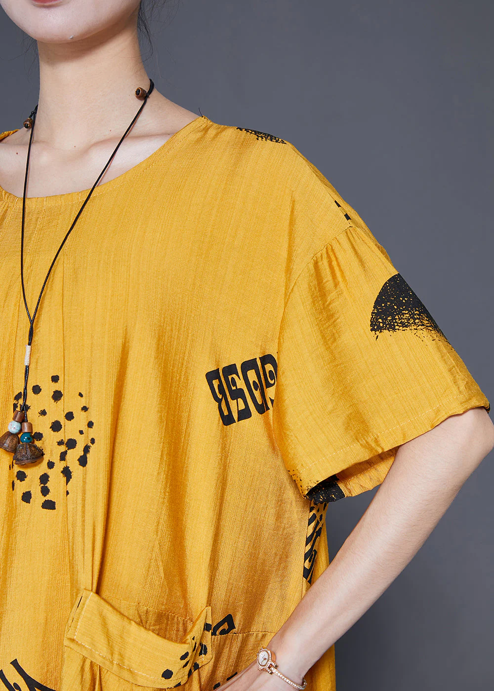 Boutique Yellow Oversized Print Pockets Linen Silk Dresses Summer - Image 5