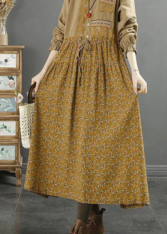 Boutique Yellow Print Drawstring Patchwork Cotton Dress Long Sleeve - Image 4