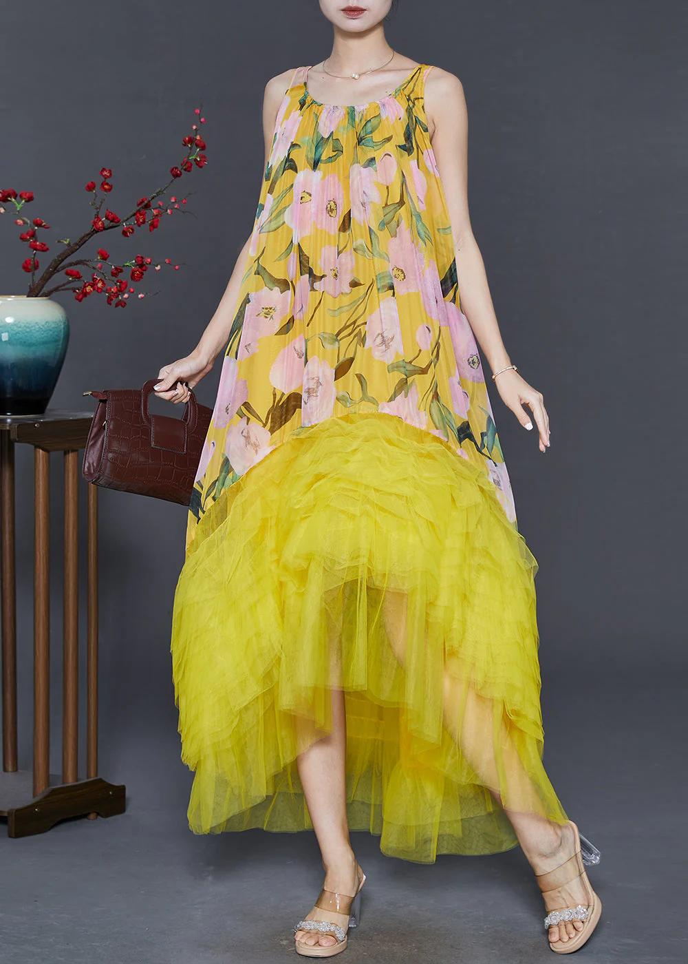 Boutique Yellow Print Patchwork Tulle Cami Dresses Summer - Image 2