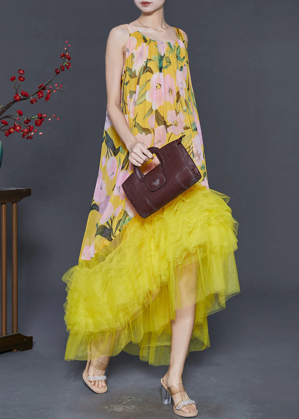 Boutique Yellow Print Patchwork Tulle Cami Dresses Summer - Image 3