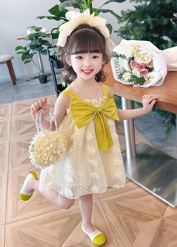 Boutique Yellow Ruffled Bow Patchwork Tulle Kids Girls Long Dress Summer - Image 2