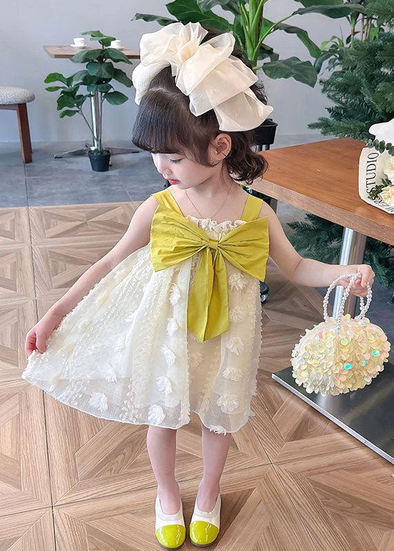 Boutique Yellow Ruffled Bow Patchwork Tulle Kids Girls Long Dress Summer - Image 3