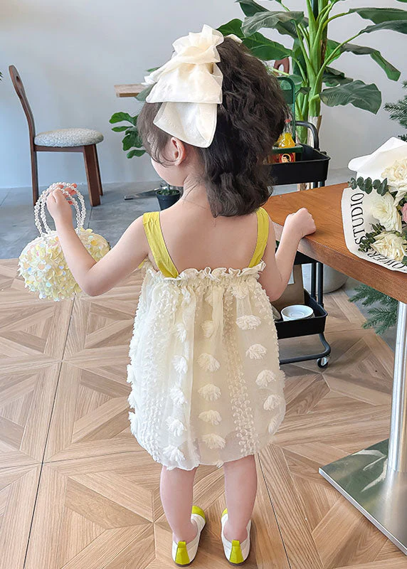 Boutique Yellow Ruffled Bow Patchwork Tulle Kids Girls Long Dress Summer - Image 4