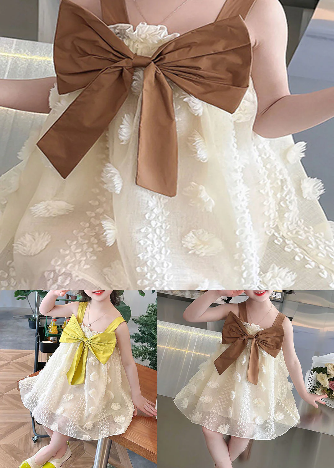 Boutique Yellow Ruffled Bow Patchwork Tulle Kids Girls Long Dress Summer - Image 5