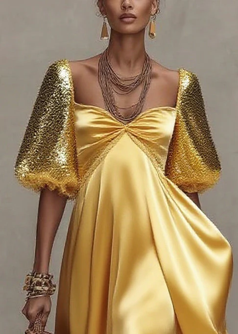 Boutique Yellow Sequins Exra Large Hem Silk Long Dress Lantern Sleeve - Image 2