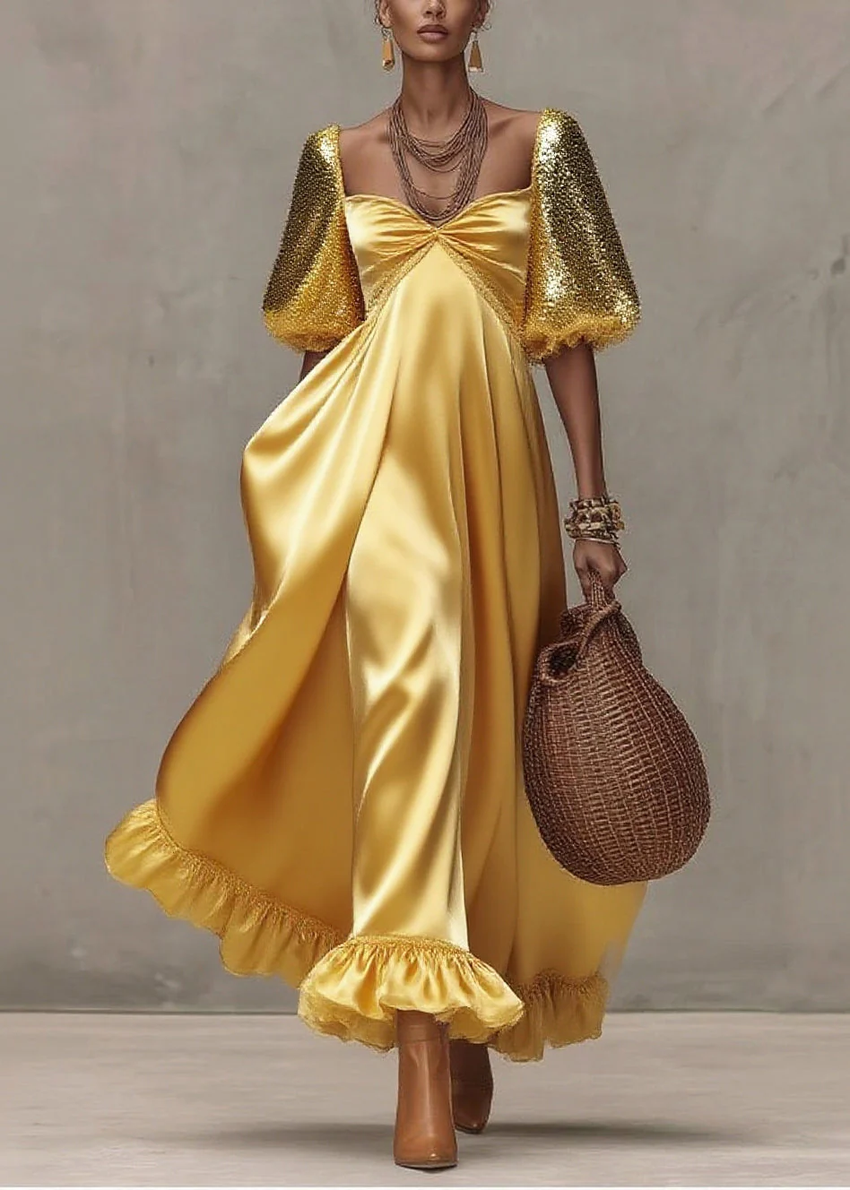 Boutique Yellow Sequins Exra Large Hem Silk Long Dress Lantern Sleeve - Image 3