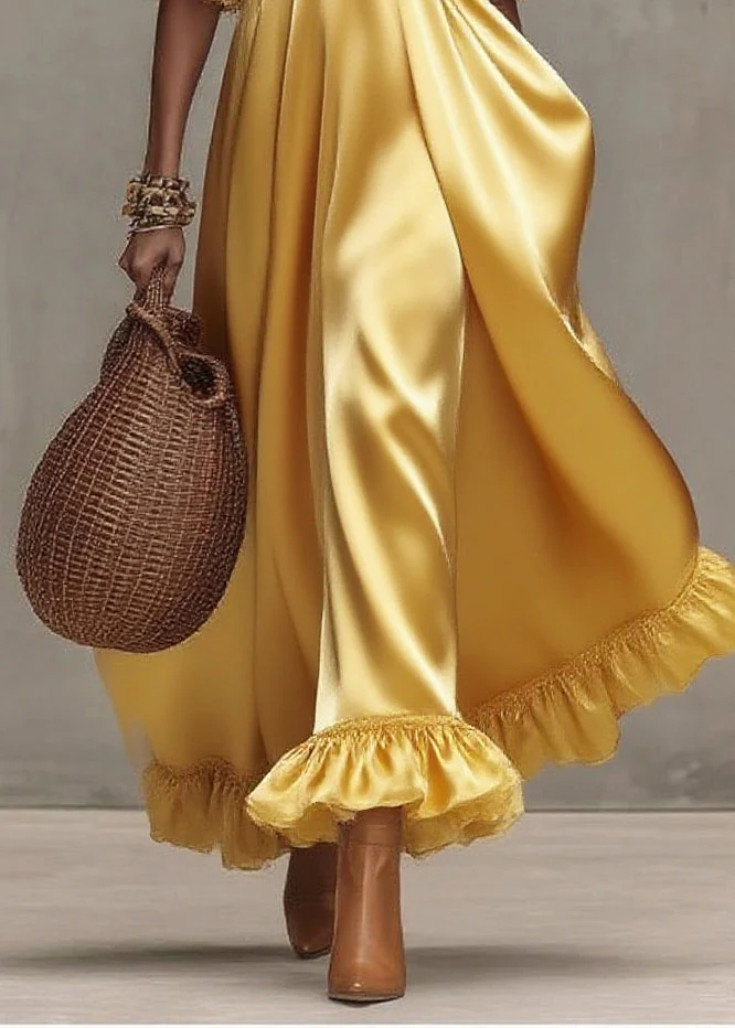 Boutique Yellow Sequins Exra Large Hem Silk Long Dress Lantern Sleeve - Image 4