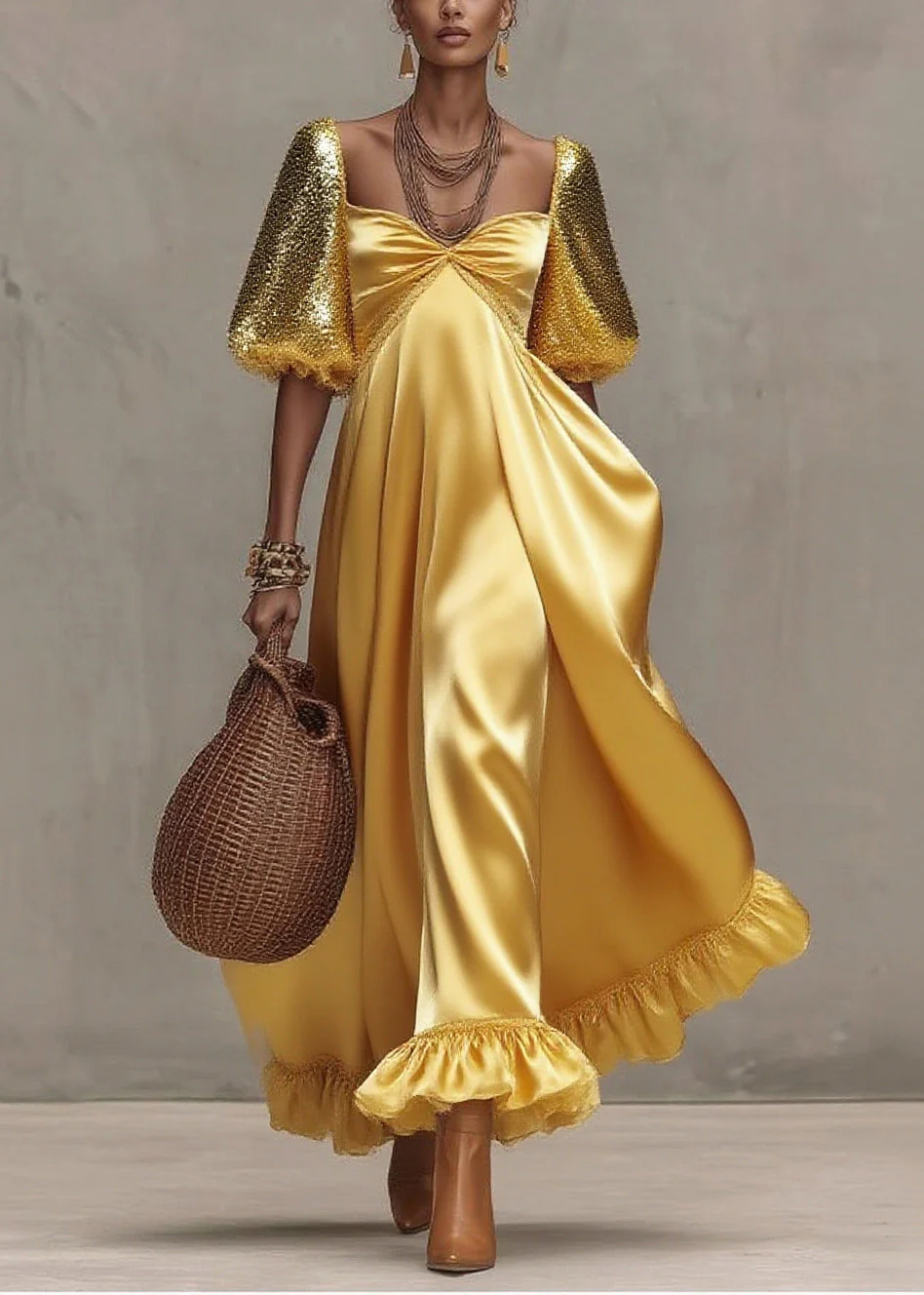 Boutique Yellow Sequins Exra Large Hem Silk Long Dress Lantern Sleeve - Image 5