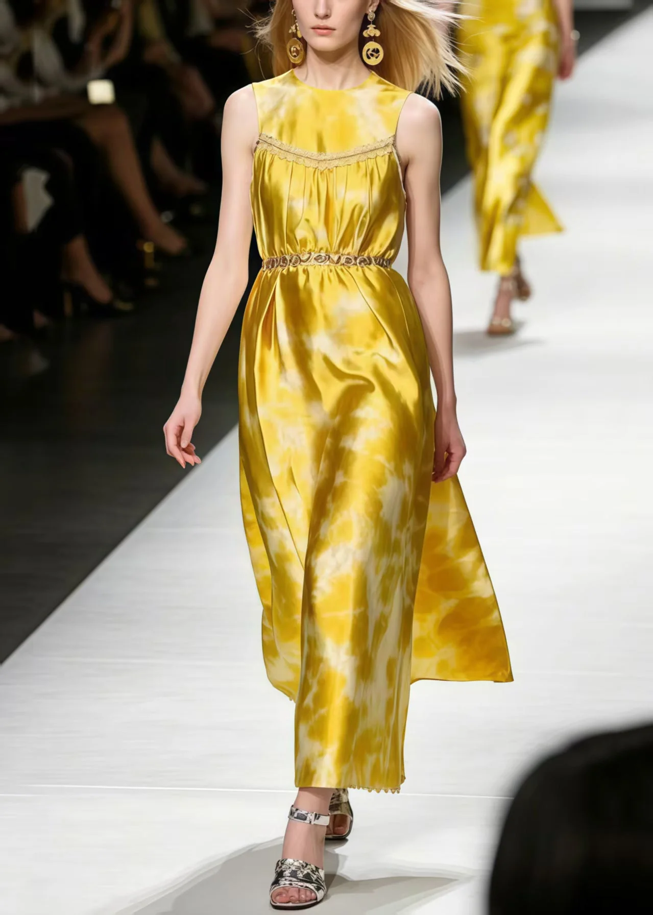 Boutique Yellow Tie Dye Silk Holiday Dress Sleeveless - Image 3