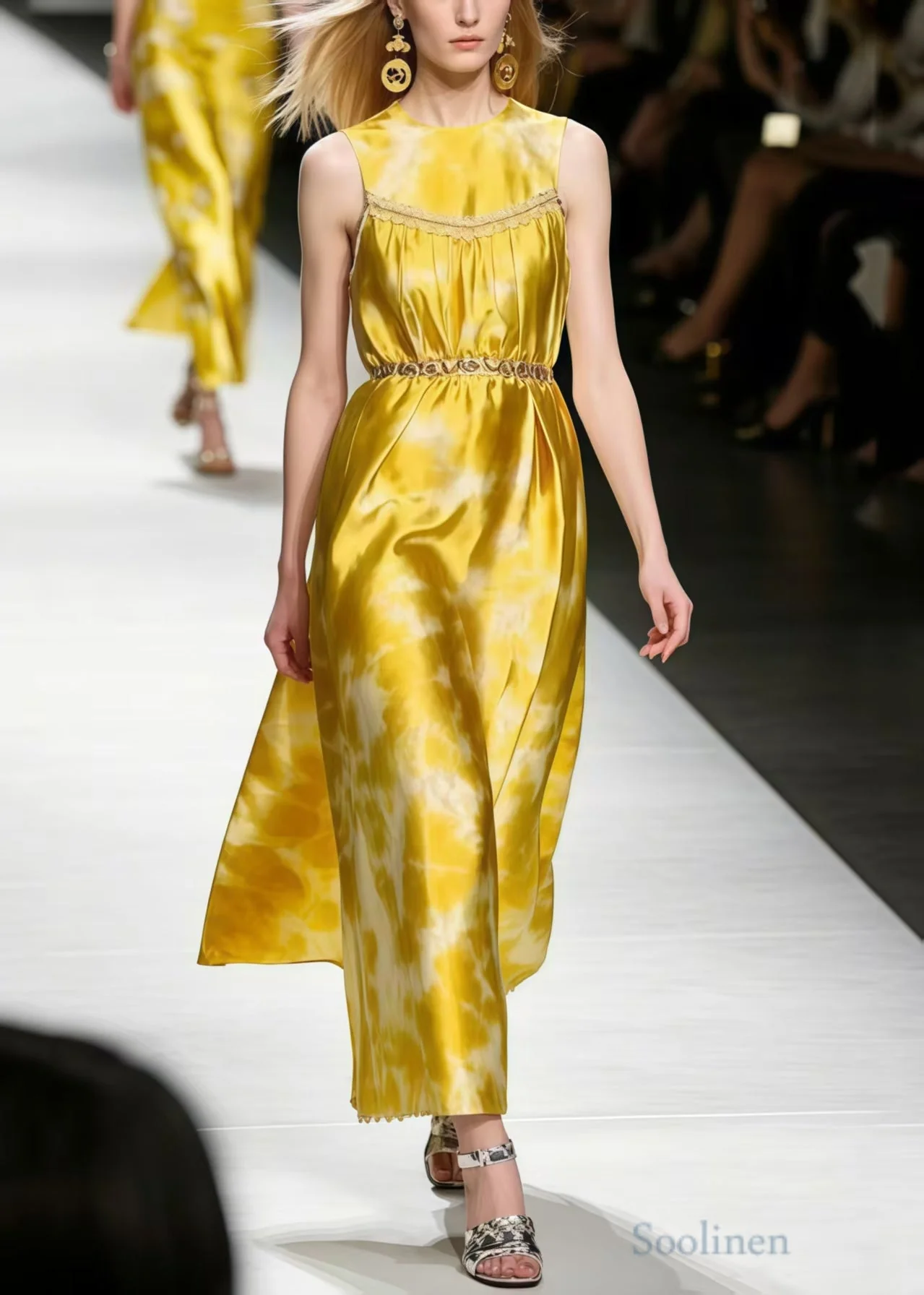 Boutique Yellow Tie Dye Silk Holiday Dress Sleeveless - Image 5