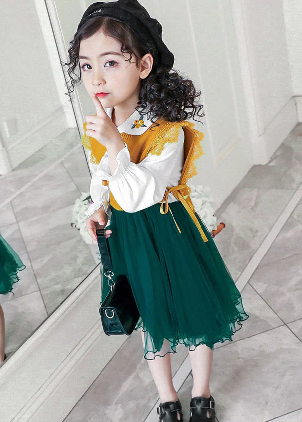 Boutique Yellow Tulle Lace Up Patchwork Knit Baby Girls Dress Two Pieces Set Fall - Image 2