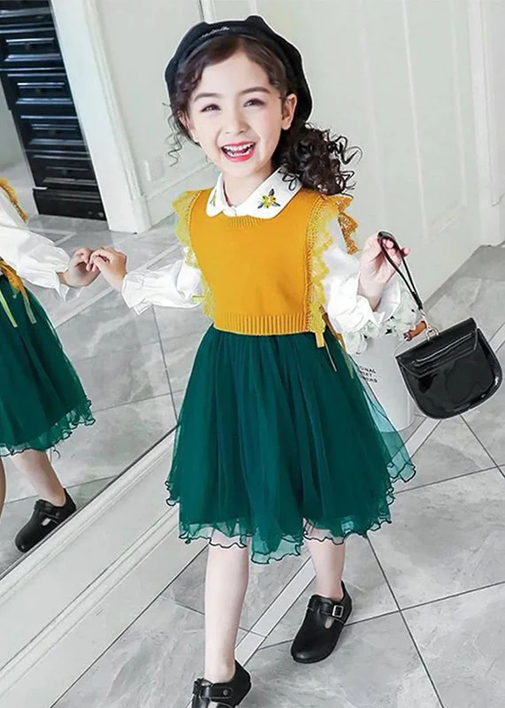 Boutique Yellow Tulle Lace Up Patchwork Knit Baby Girls Dress Two Pieces Set Fall - Image 3