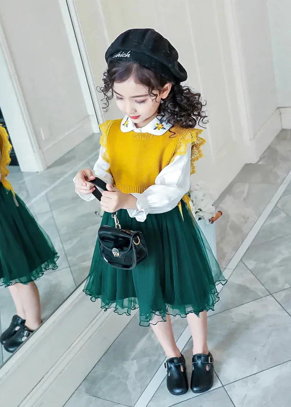 Boutique Yellow Tulle Lace Up Patchwork Knit Baby Girls Dress Two Pieces Set Fall - Image 4