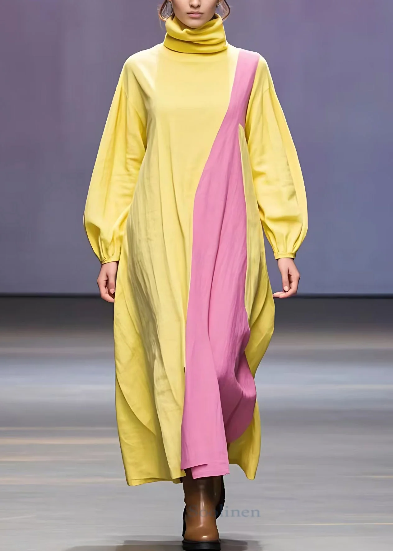Boutique Yellow Turtleneck Patchwork Cotton Dresses Long Sleeve - Image 2