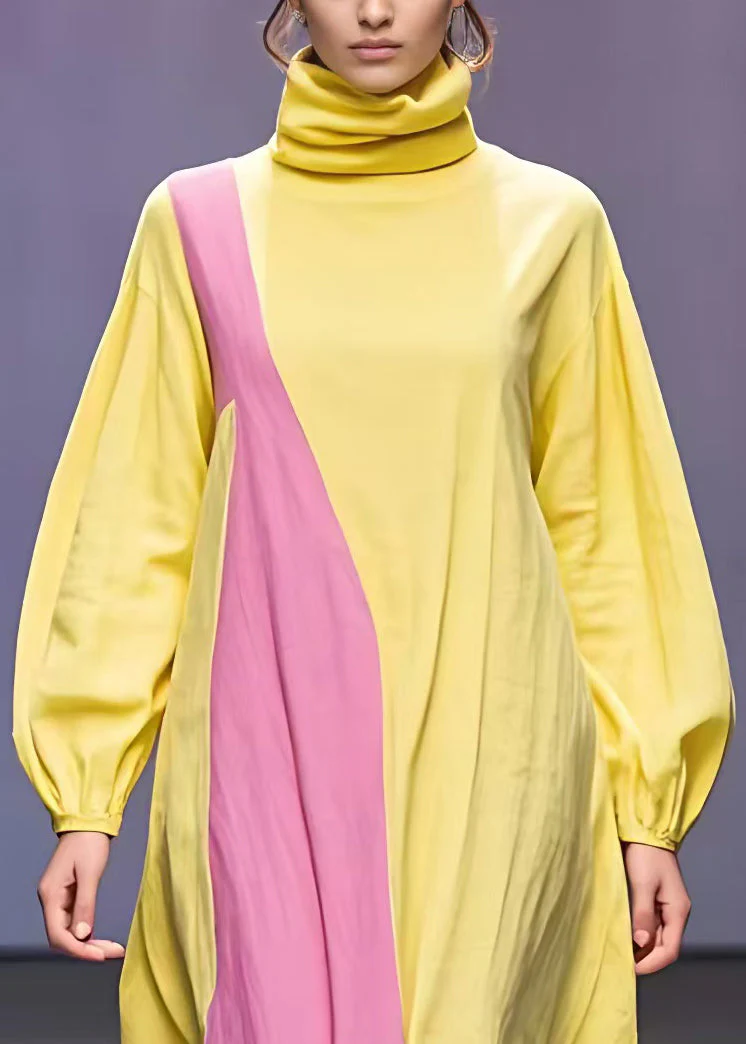 Boutique Yellow Turtleneck Patchwork Cotton Dresses Long Sleeve - Image 3