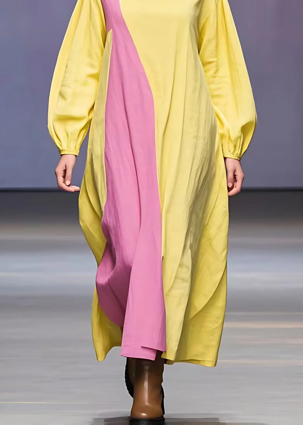 Boutique Yellow Turtleneck Patchwork Cotton Dresses Long Sleeve - Image 5