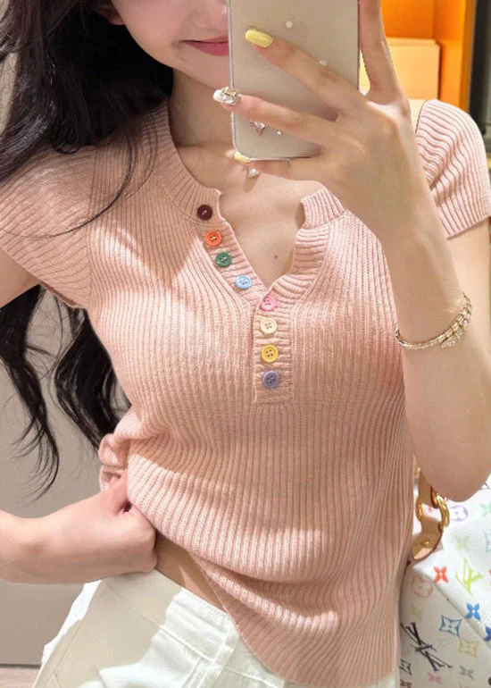 Boutique Yellow V Neck Button Knit Top Summer - Image 2