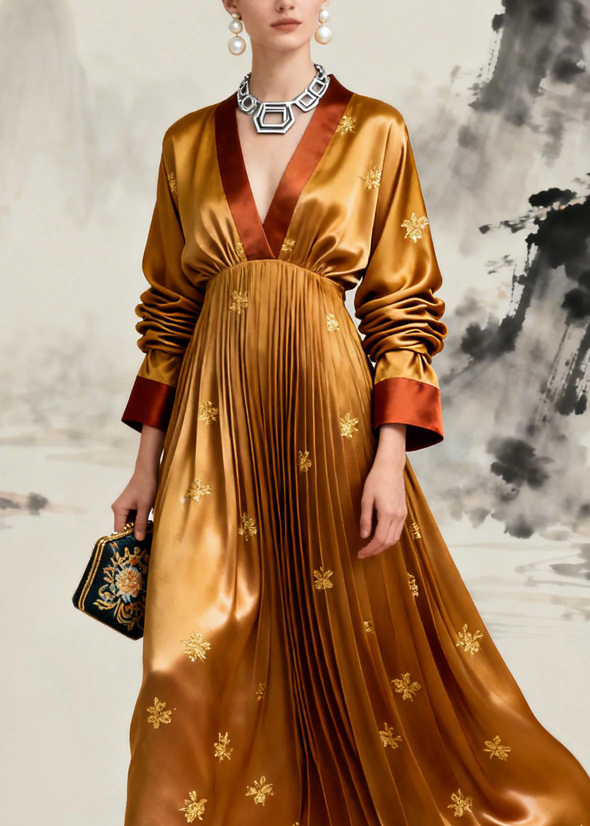 Boutique Yellow V Neck Jacquard Wrinkled Silk Maxi Dress Long Sleeve - Image 2