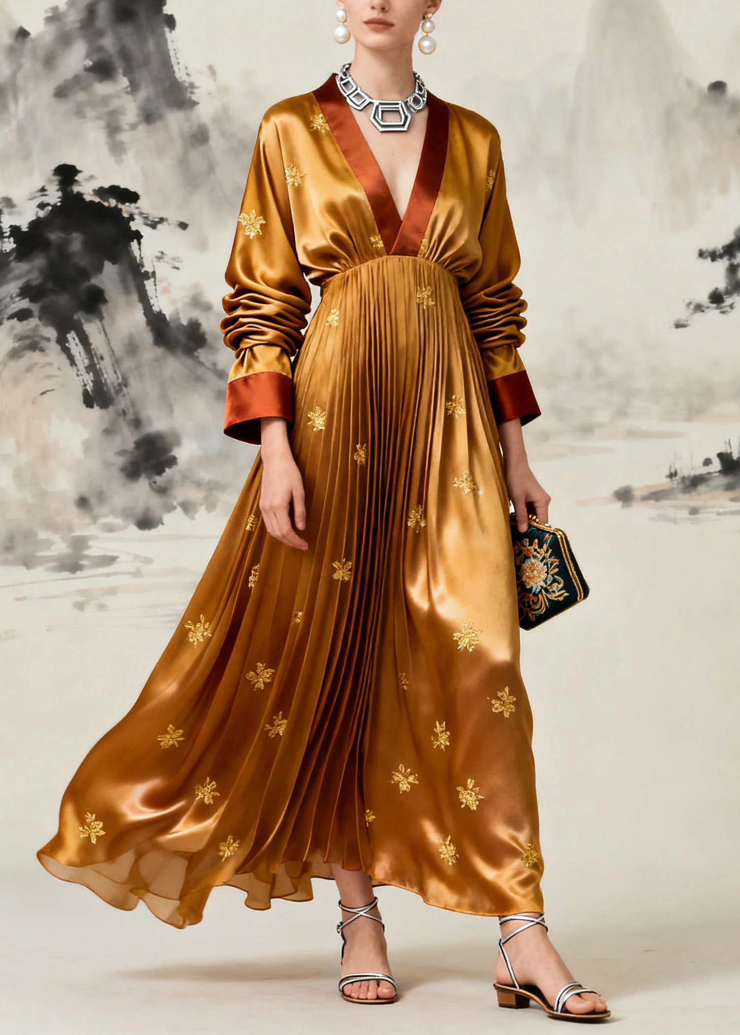 Boutique Yellow V Neck Jacquard Wrinkled Silk Maxi Dress Long Sleeve - Image 3