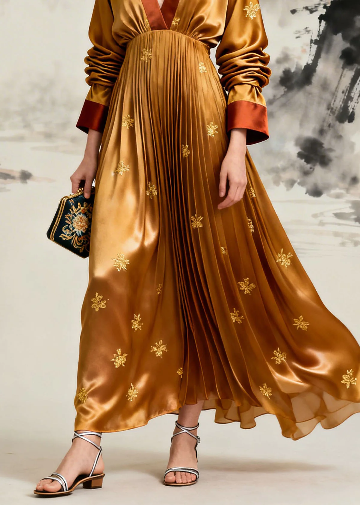 Boutique Yellow V Neck Jacquard Wrinkled Silk Maxi Dress Long Sleeve - Image 4