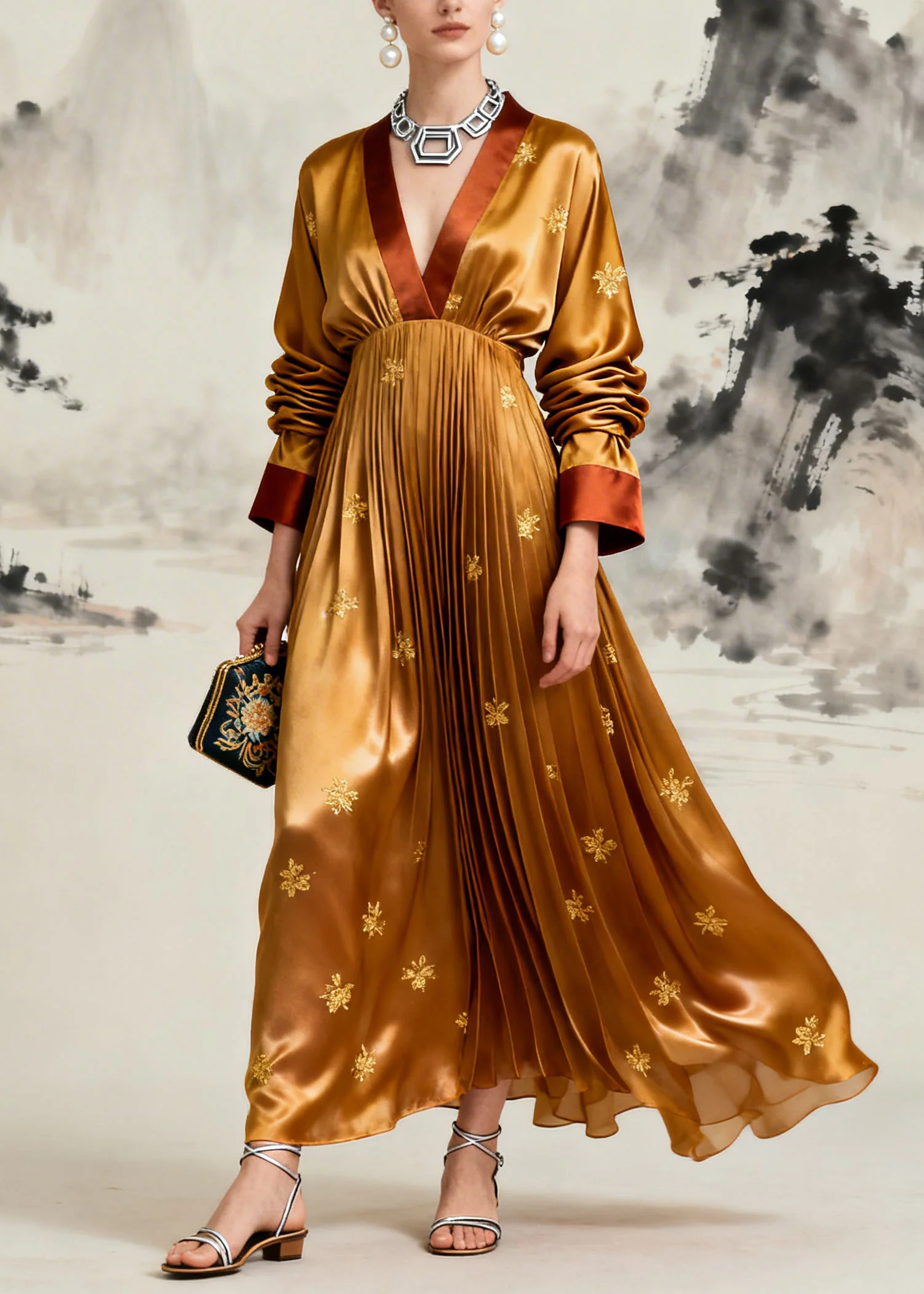 Boutique Yellow V Neck Jacquard Wrinkled Silk Maxi Dress Long Sleeve - Image 5