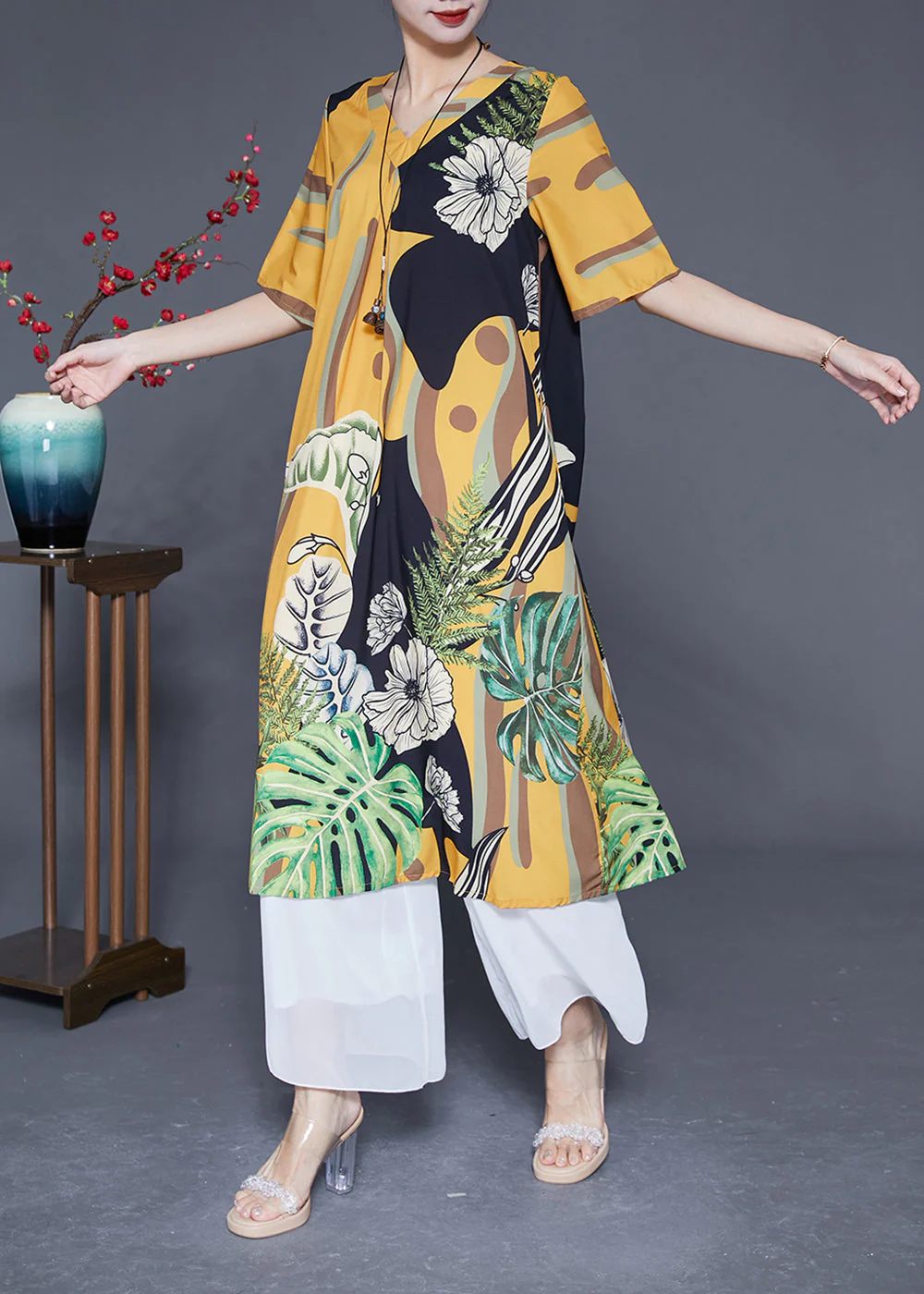 Boutique Yellow V Neck Print Silk Vacation Dress Summer - Image 2