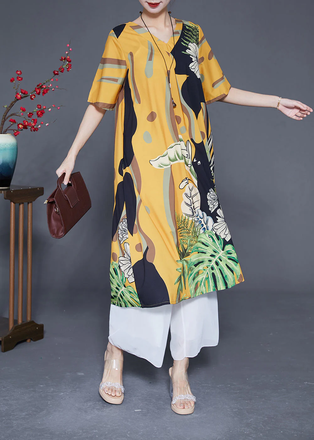 Boutique Yellow V Neck Print Silk Vacation Dress Summer - Image 3