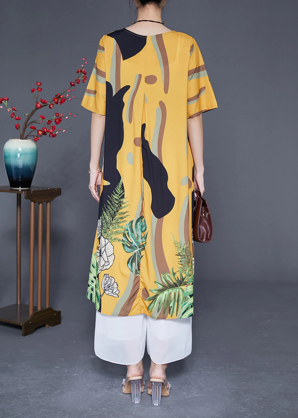 Boutique Yellow V Neck Print Silk Vacation Dress Summer - Image 4