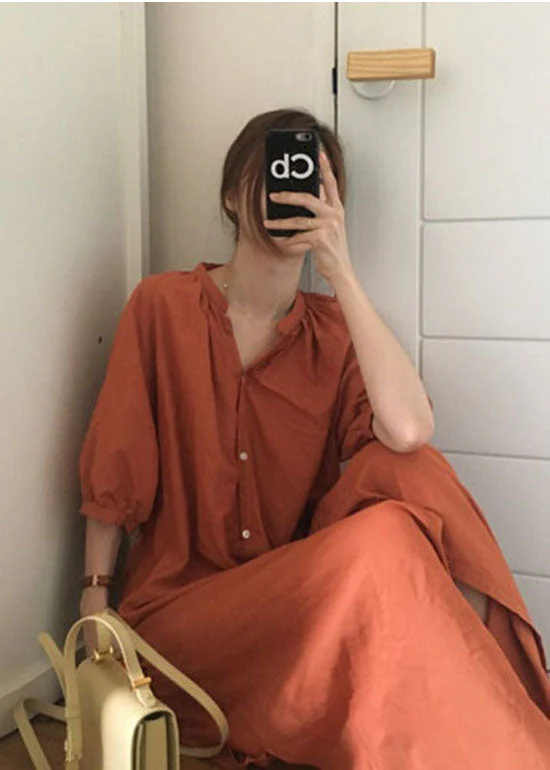 Brick Red Button Cotton Dresses wrinkled Half Sleeve - Image 2