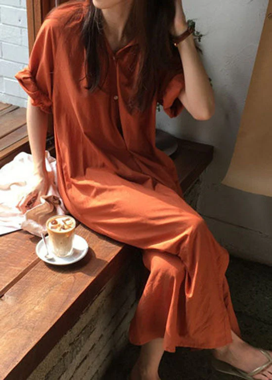 Brick Red Button Cotton Dresses wrinkled Half Sleeve - Image 3