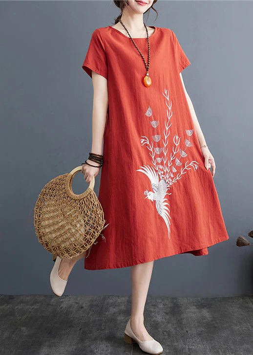 Brick Red Linen Day Dress Embroidered Summer - Image 2