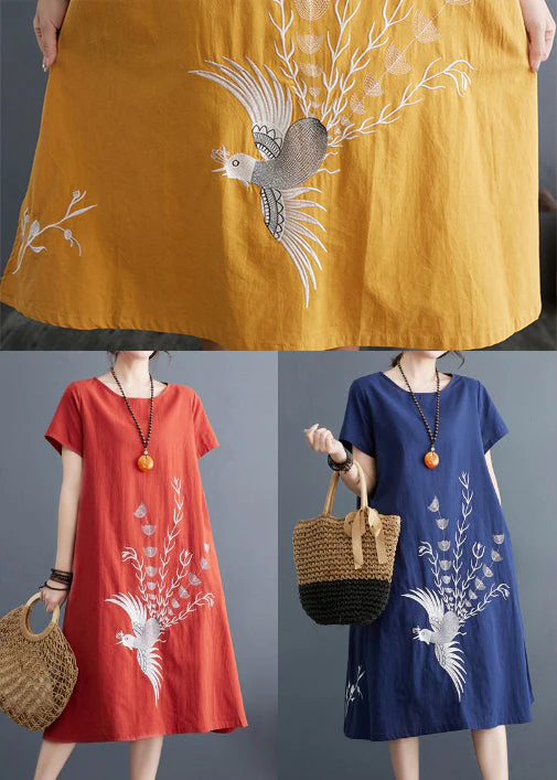 Brick Red Linen Day Dress Embroidered Summer - Image 5