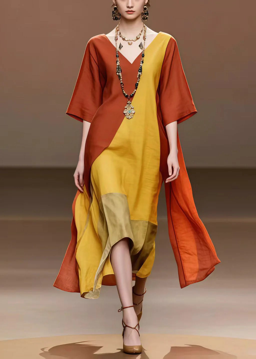 Brick Red Patchwork Cotton Holiday Dress Asymmetrical Summer - Image 5