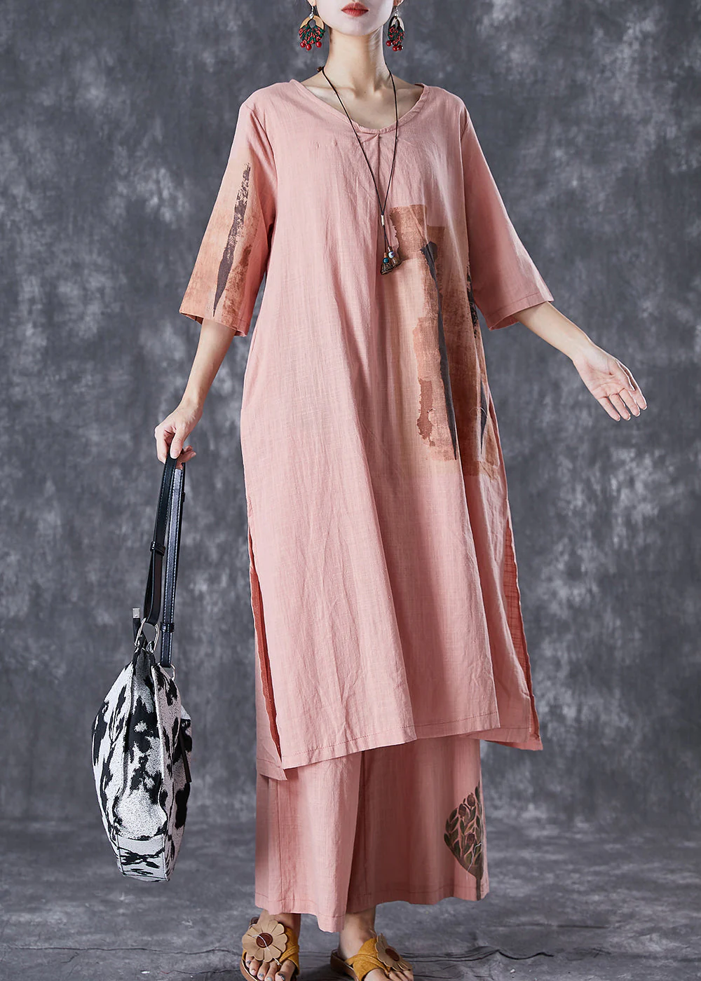 Brick Red Print Linen Dress And Pants Two Piece Set Outfits Side Open Summer - Image 2