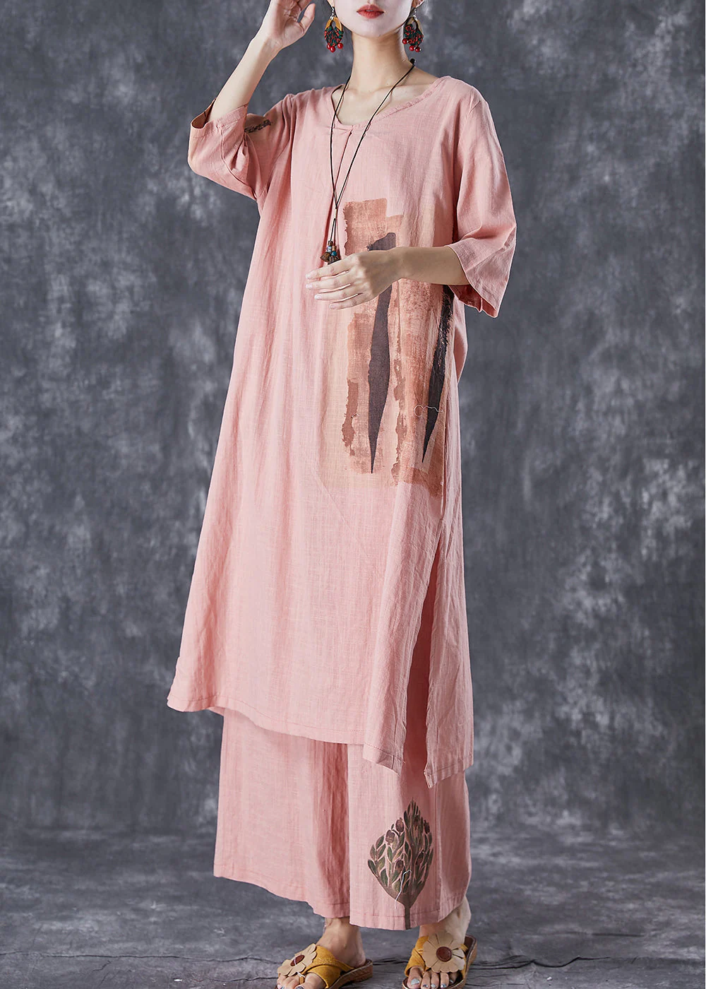 Brick Red Print Linen Dress And Pants Two Piece Set Outfits Side Open Summer - Image 3